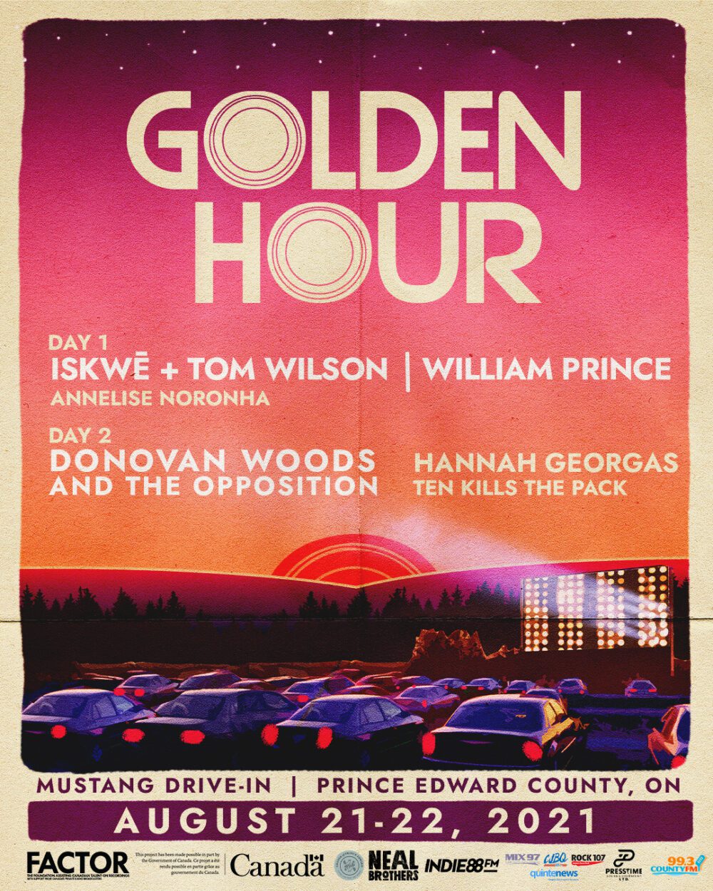 Golden Hour poster listing artist lineup Iskwe and Tom Wilson, William Prince, Annelise Noronha on Aug 21 and Donovan Woods, Hannah Georgas, and Ten Kills the Pack on Aug 22