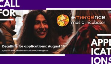 2021 eMERGEnce banner. A photo of a woman smiling in a crowded room is placed on top of a purple border. Text on top reads Call for Applications. The Emergence Music Incubator logo is in the top right corner.