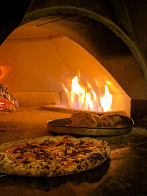 A pizza and roast chicken sitting at the hearth of a food fired oven